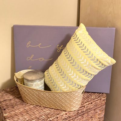 LOT 71: Home Decor - Inspirational Wall Art, Mother of Pearl Canister, Accent Pillow and Gold Tone Basket