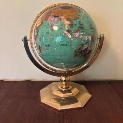 LOT 84: Gold Brass Tabletop World Globe w/Gemstone Inlay, World Globe w/ Inlay Gemstone Paperweight & Miksa Picture Frame