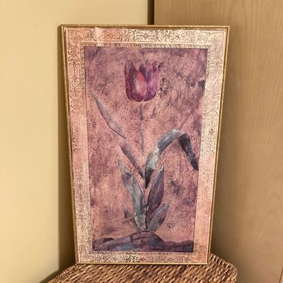 LOT 79: African Tulip Wall Hanging Imported by The Bombay Company with Natural Mango Wood Vase and Faux Floral Arrangement