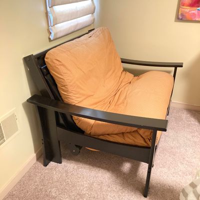 LOT 74: Black Wooden Folding Twin Size Futon with Mattress and Accent Pillows