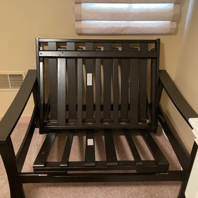 LOT 74: Black Wooden Folding Twin Size Futon with Mattress and Accent Pillows