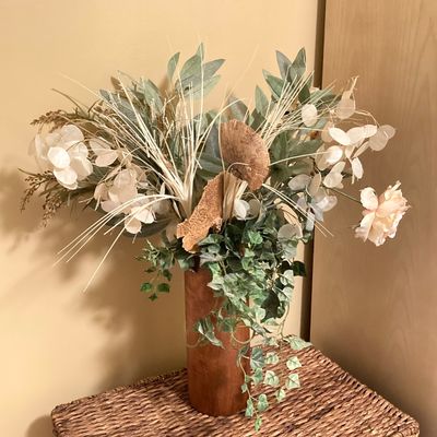 LOT 79: African Tulip Wall Hanging Imported by The Bombay Company with Natural Mango Wood Vase and Faux Floral Arrangement