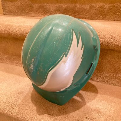 LOT 67: Philadelphia Sports Memorabilia - Vintage Eagles Construction Helmet, Metal Trash Can, Pair of Drinking Glasses, Flyers Plush and...