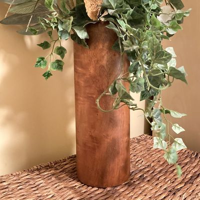 LOT 79: African Tulip Wall Hanging Imported by The Bombay Company with Natural Mango Wood Vase and Faux Floral Arrangement