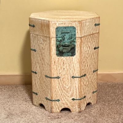 LOT 70: Asian White Washed Lift Top Octagon Side Table with Storage