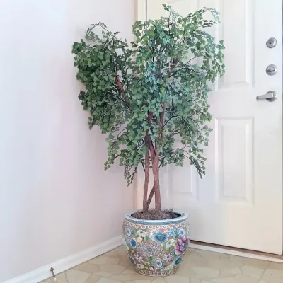 LOT 64L: Chinese Fish Bowl Planter with 4.5ft Faux Tree