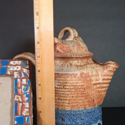 LOT 78K: Handthrown Pottery Teapot, Habersham Wax Pottery Vessel, Pottery Vases & Mosaic Frame