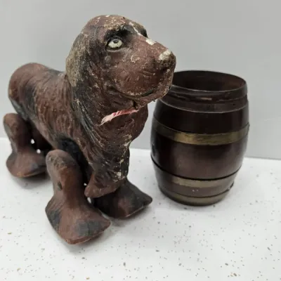 Vintage toy dog and small wood barrel