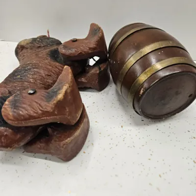 Vintage toy dog and small wood barrel