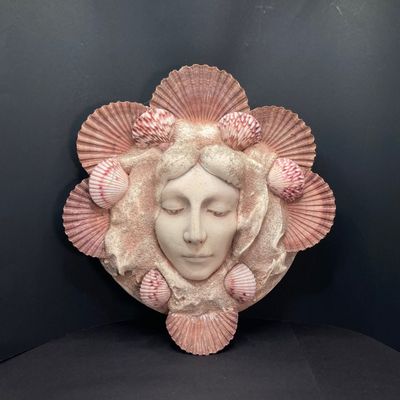 LOT 69: Mermaid / Beach Collection - Art Pottery Mask Sculpture w/Seashells, Cast Iron Mermaid, Scalloped Shell Sculpture & More