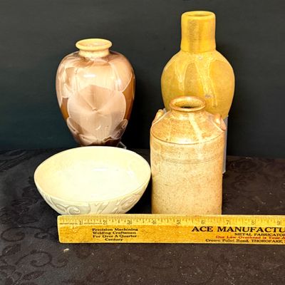 LOT 54: Studio Pottery Vase. Bottle, Crock and Bowl