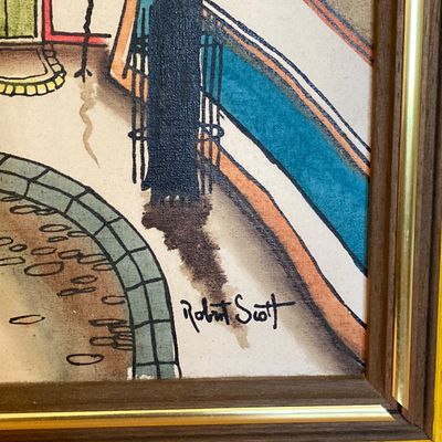 LOT 58: Mid-Century Modern Robert Scott Signed Wall Hanging with Mosaic Planter and Turquoise Metal Stool