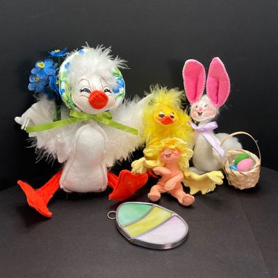 LOT 66: Vintage Annalee Doll Collection with Stained Glass Easter Egg - White Spring Duck, Easter Duck, Bunny and More