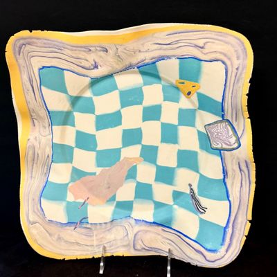 LOT 50: Colorful Collection Of Signed Studio Art Pottery Plates Including a Fish, Check, Swirl and Other Patterns