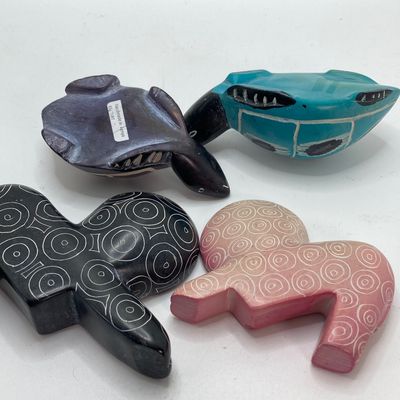 LOT 64: Collection of Carved Animals (Onyx, Wood, Stone) with Ceramic Folk Art Candlestick Holder