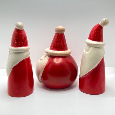 LOT 63: Vintage Stone Trio of Santa's with Primitive Holiday Framed Handcrafted Wall Hangings