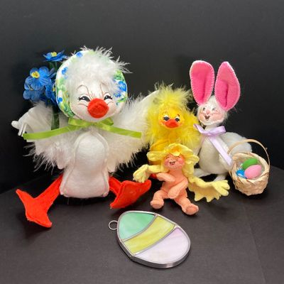 LOT 66: Vintage Annalee Doll Collection with Stained Glass Easter Egg - White Spring Duck, Easter Duck, Bunny and More