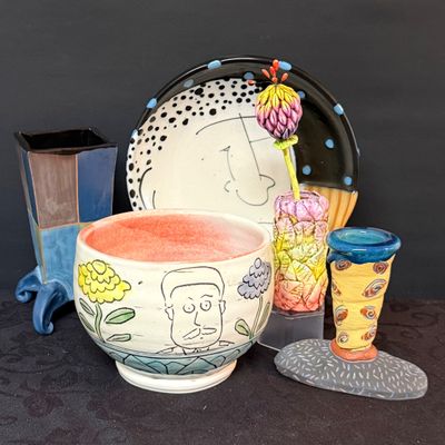 LOT 46: Collection of Whimsical Pottery Art- Bowl, Plate, and Vases