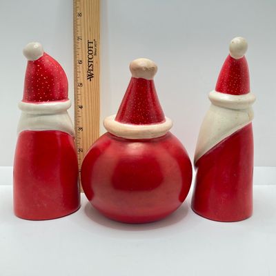 LOT 63: Vintage Stone Trio of Santa's with Primitive Holiday Framed Handcrafted Wall Hangings