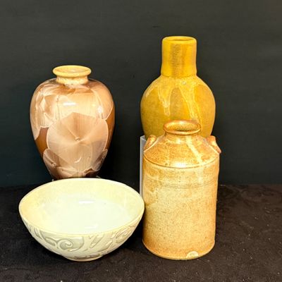 LOT 54: Studio Pottery Vase. Bottle, Crock and Bowl