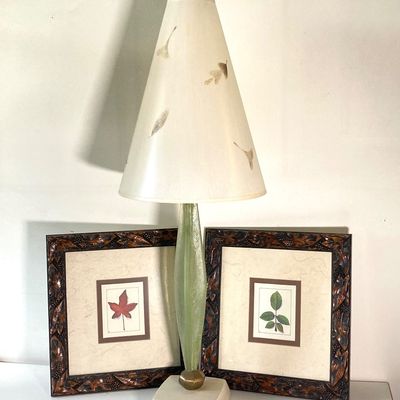 LOT 57: MCM Table Lamp with Decorative Leaf Lamp Shade with Pair of Carved Framed Leaf Wall Hangings (Beech and Maple)