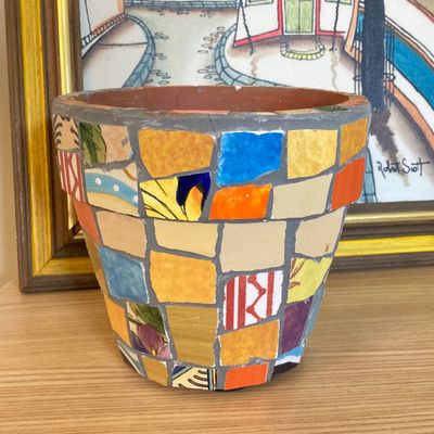 LOT 58: Mid-Century Modern Robert Scott Signed Wall Hanging with Mosaic Planter and Turquoise Metal Stool