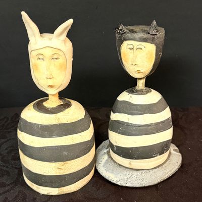 LOT 52: Whimsical Collection of Monochromatic Studio Art Pottery Including 2 Animal Hooded Figures and Vases Some Pieces are Signed