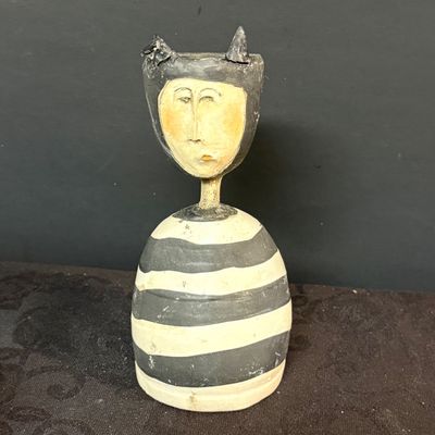 LOT 52: Whimsical Collection of Monochromatic Studio Art Pottery Including 2 Animal Hooded Figures and Vases Some Pieces are Signed