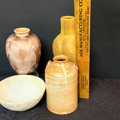 LOT 54: Studio Pottery Vase. Bottle, Crock and Bowl