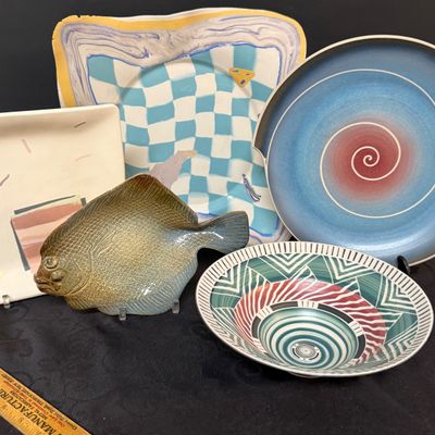 LOT 50: Colorful Collection Of Signed Studio Art Pottery Plates Including a Fish, Check, Swirl and Other Patterns