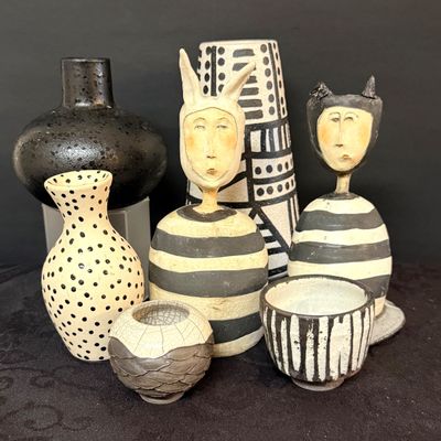 LOT 52: Whimsical Collection of Monochromatic Studio Art Pottery Including 2 Animal Hooded Figures and Vases Some Pieces are Signed