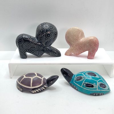 LOT 64: Collection of Carved Animals (Onyx, Wood, Stone) with Ceramic Folk Art Candlestick Holder