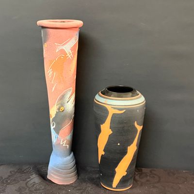 LOT 49: Pair of Signed Studio Pottery Marine Inspired Vases
