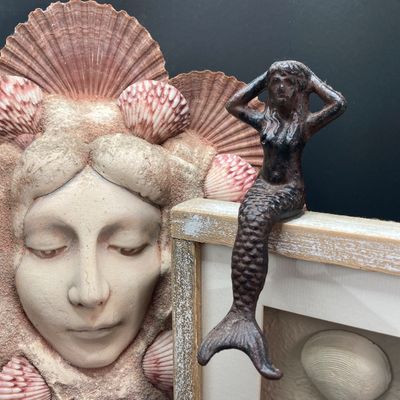 LOT 69: Mermaid / Beach Collection - Art Pottery Mask Sculpture w/Seashells, Cast Iron Mermaid, Scalloped Shell Sculpture & More