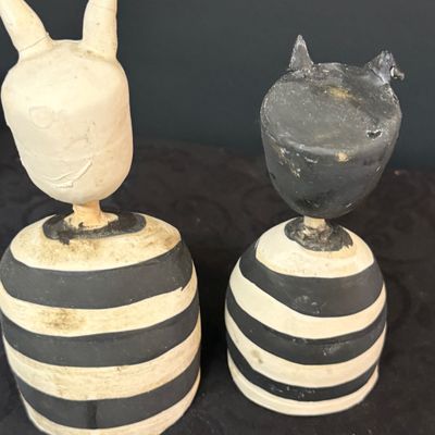 LOT 52: Whimsical Collection of Monochromatic Studio Art Pottery Including 2 Animal Hooded Figures and Vases Some Pieces are Signed