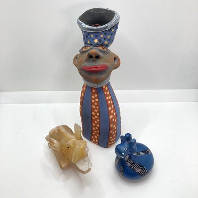 LOT 64: Collection of Carved Animals (Onyx, Wood, Stone) with Ceramic Folk Art Candlestick Holder