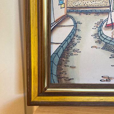 LOT 58: Mid-Century Modern Robert Scott Signed Wall Hanging with Mosaic Planter and Turquoise Metal Stool