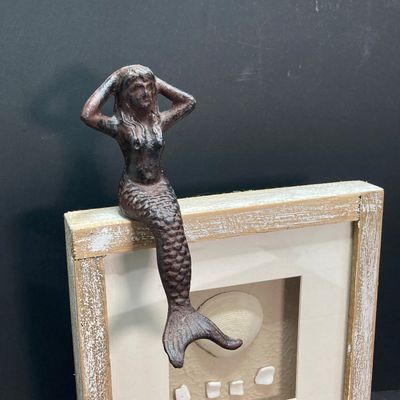 LOT 69: Mermaid / Beach Collection - Art Pottery Mask Sculpture w/Seashells, Cast Iron Mermaid, Scalloped Shell Sculpture & More