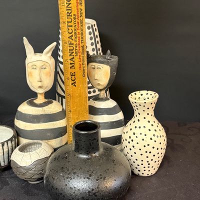 LOT 52: Whimsical Collection of Monochromatic Studio Art Pottery Including 2 Animal Hooded Figures and Vases Some Pieces are Signed
