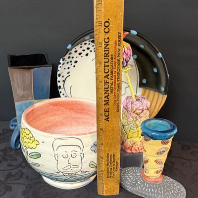LOT 46: Collection of Whimsical Pottery Art- Bowl, Plate, and Vases