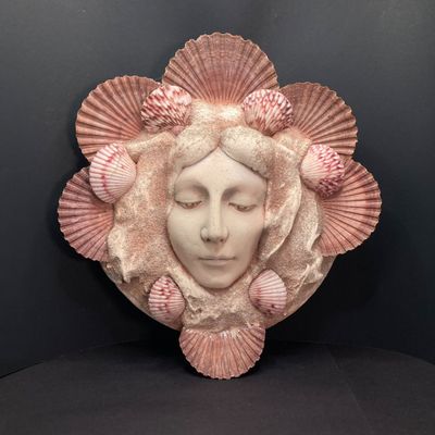 LOT 69: Mermaid / Beach Collection - Art Pottery Mask Sculpture w/Seashells, Cast Iron Mermaid, Scalloped Shell Sculpture & More