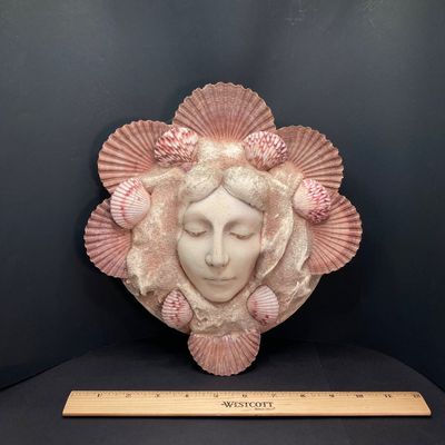 LOT 69: Mermaid / Beach Collection - Art Pottery Mask Sculpture w/Seashells, Cast Iron Mermaid, Scalloped Shell Sculpture & More