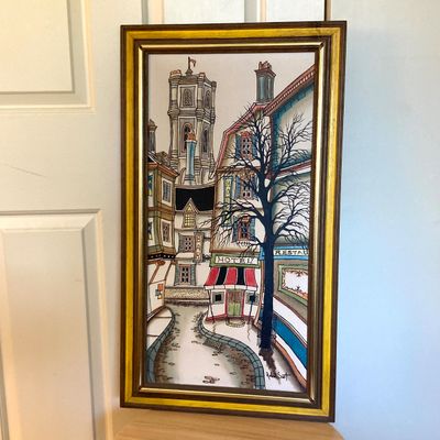 LOT 58: Mid-Century Modern Robert Scott Signed Wall Hanging with Mosaic Planter and Turquoise Metal Stool