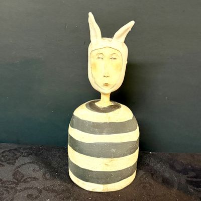 LOT 52: Whimsical Collection of Monochromatic Studio Art Pottery Including 2 Animal Hooded Figures and Vases Some Pieces are Signed