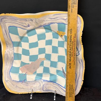LOT 50: Colorful Collection Of Signed Studio Art Pottery Plates Including a Fish, Check, Swirl and Other Patterns