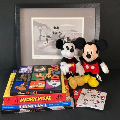 LOT 59: Framed Walt Disney Good Luck Charm / Plane Crazy 1928 Print with Souvenir Mickey Mouse and Collection of Books