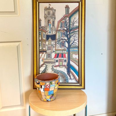 LOT 58: Mid-Century Modern Robert Scott Signed Wall Hanging with Mosaic Planter and Turquoise Metal Stool