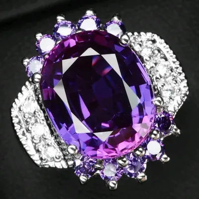 Gleaming Blue Purple Sapphire 8.45Ct 925 Sterling Silver White Gold Ring Size 7