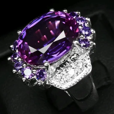 Gleaming Blue Purple Sapphire 8.45Ct 925 Sterling Silver White Gold Ring Size 7
