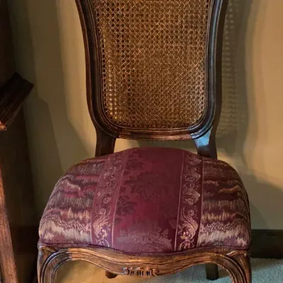 Sale Photo Thumbnail #208: Includes: 2 Leaves, 4 Side Chairs and 6 Arm Chairs
Burgundy Fabric
Table with no leaf in it: 64" long x 43" wide x 30" tall
Arm Chairs: 42" tall x 22.5" wide x 19.5" deep
Side Chairs: 42" tall x 19" wide x 18" deep
Minimal signs of wear and in very good c